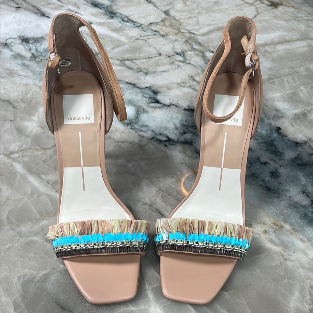 Dolce Vita Women's nude heel with turquoise sequin and fringe. Size 8